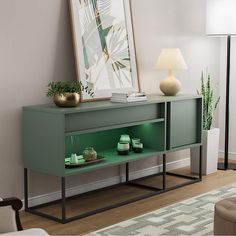 a living room scene with focus on the sideboard and vases sitting on it