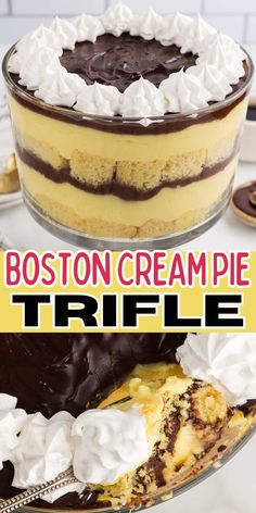 the boston cream pie trifle is ready to be eaten