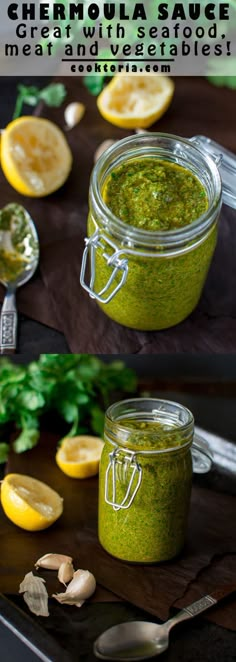 there is a jar filled with pesto sauce next to sliced lemons and parsley