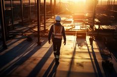 a construction worker walking towards the setting sun in an industrial area with steel beams and scaffolding