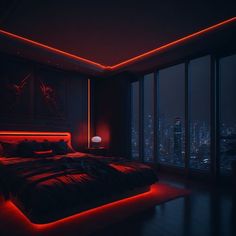 a bed with red lights in a dark room next to large windows and a painting on the wall