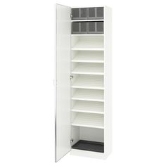 an empty white cabinet with shelves and bins on the bottom, in front of a white background