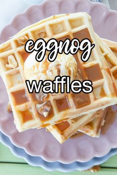 eggnog waffles with ice cream and caramel syrup on a plate