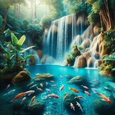 an image of a waterfall with fish swimming in it