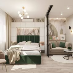 a bedroom with a large bed and green headboard