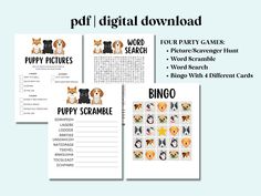 four dog themed printables with the words'puppy scramble '