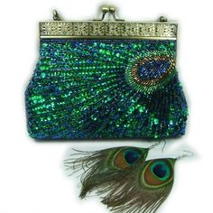 peacock Feather Purse, Beaded Bag, Peacock Feathers