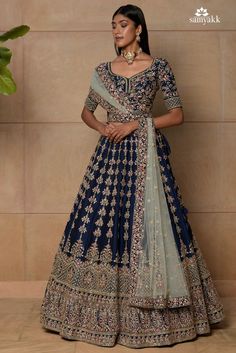 Lehenga Designs Navy Blue, Dark Blue Lengha Bridal, Navy Blue Wedding Lehenga, Navy Blue Lengha Wedding, Navy Blue Indian Wedding Dress, Dark Lehenga Indian Weddings, Royal Blue Lengha Wedding, Navy Blue Desi Wedding Dress, Dark Blue Bridal Lehenga