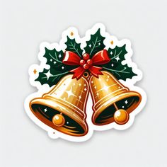 two christmas bells with holly leaves and red bow on white sticker, isolated from the background