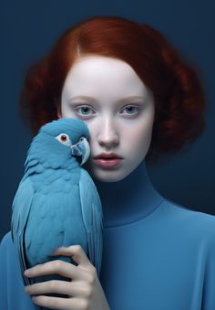 a woman with red hair holding a blue bird