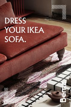 a red couch sitting on top of a wooden floor next to a rug with words that read dress your ikea sofa