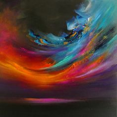 an abstract painting with many colors and shapes on it's canvases, as well as black background