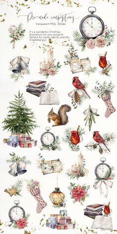 a christmas card with many different items on it