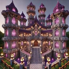 a very large castle with stairs and lights