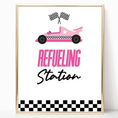 a pink race car with the words refueling station on it