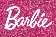 the word barbie written in white on a pink glitter background