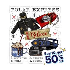 a sticker that says polar express and some items are on the back of it