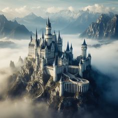 an aerial view of a castle in the clouds