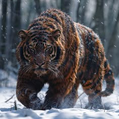 a tiger walking through the snow in front of trees