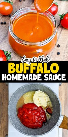 homemade buffalo sauce is being poured into a bowl with bread and tomatoes in the background