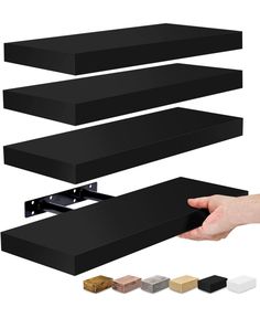 three black shelves are shown with different colors and sizes to choose from, including one for each shelf