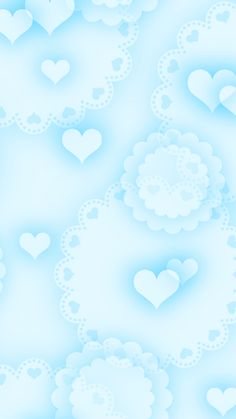 a blue background with hearts and clouds in the sky