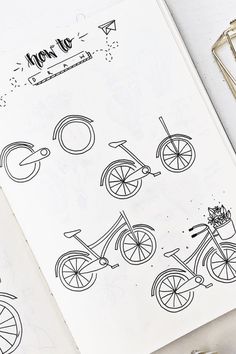 an open notebook with drawings of bicycles on it and the words how do you ride? written in black ink