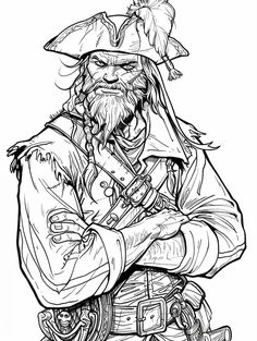 a black and white drawing of a pirate with his arms crossed in front of him