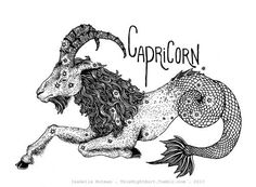 a black and white drawing of a ram with the word capricorn on it