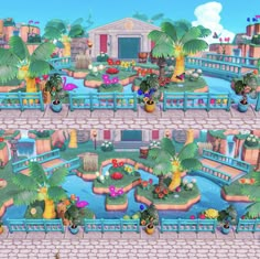 an image of a cartoon city with lots of plants and flowers on the ground, including palm trees