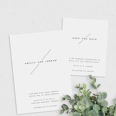 two wedding cards with the word save the date printed on them next to a plant