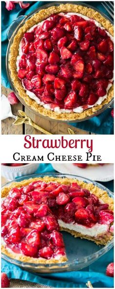 strawberry cream cheese pie is shown in three different views