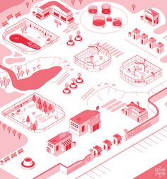 an illustrated map with buildings, trees and other things in the area that is pink