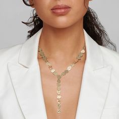 Crafted entirely by hand, this 18K gold y-necklace is made up of crinkled discs in varying shapes, including teardrops, hearts, ovals and rounds. The design is lightweight with a long, delicately linked center drop that gives it the look of a lariat. • 18K Gold • Length: 16-18" Rings And Necklaces, Hinged Ring, Teardrop Necklace, Earrings Rings, Candy Gifts, Short Necklace, Polish Jewelry, Chain Pendants, 18k Rose Gold