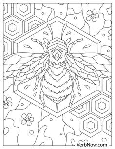 a coloring page with a bee in the center and flowers around it, surrounded by hexagonals