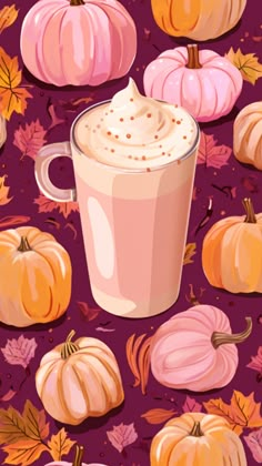 a cup of coffee with whipped cream surrounded by pumpkins and leaves on a purple background