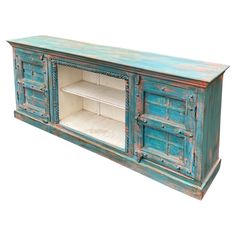 an old blue cabinet with open doors and shelves on the front, against a white background