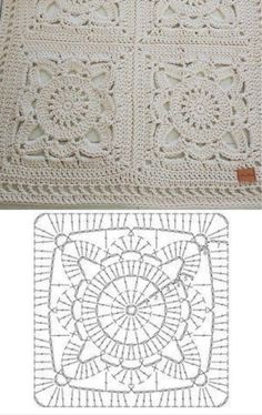 crocheted doily is shown in two different colors and sizes, with the same pattern