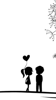 two people standing next to each other under a dandelion with heart shaped balloons