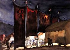 a painting of people standing in front of tents at night with flags flying above them