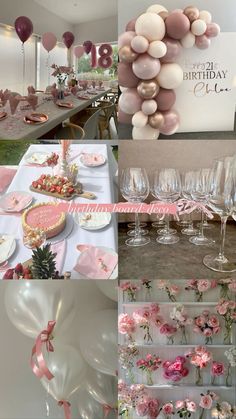 a collage of photos with balloons, plates and wine glasses