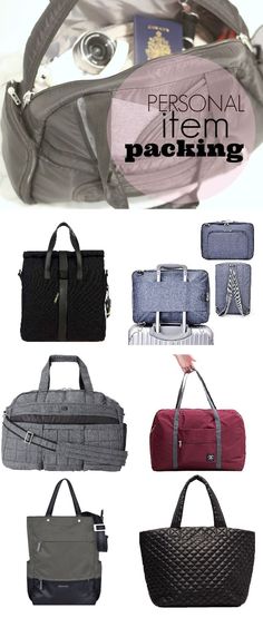 the personal item packing bag is shown in multiple colors and sizes, including greys, black