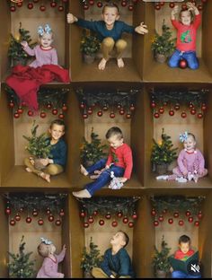 a collage of children sitting in boxes with christmas decorations on the top and bottom