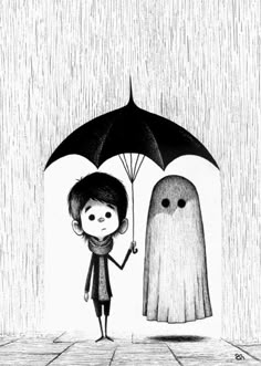 a black and white drawing of a person holding an umbrella with a ghost in the background