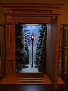 an open door with a lamp on it and snow covered trees in the back ground