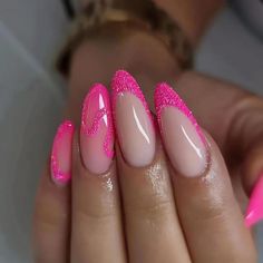 IMSOHOT Medium Press on Nails Stiletto Pink Fake Nails Glitter French Tips False Nails with Designs Glossy Glue on Nails Full Cover Almond Acrylic Nails for... Colored Nail Tips, Fake Nails Long, Nagel Tips, Manicure Tips, Manicure Diy, Nail Length, Stick On Nails, Nailed It, False Nail