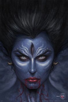 an image of a woman with blue makeup and blood on her face, looking at the camera