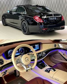 the inside and outside view of a mercedes s - class coupe with its interior lights on