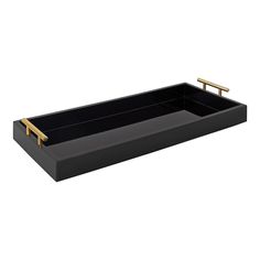 a black tray with two gold handles on the bottom and one in the middle, sitting on a white surface