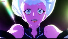 an anime character with white hair and blue eyes looks at the camera while standing in front of a black background